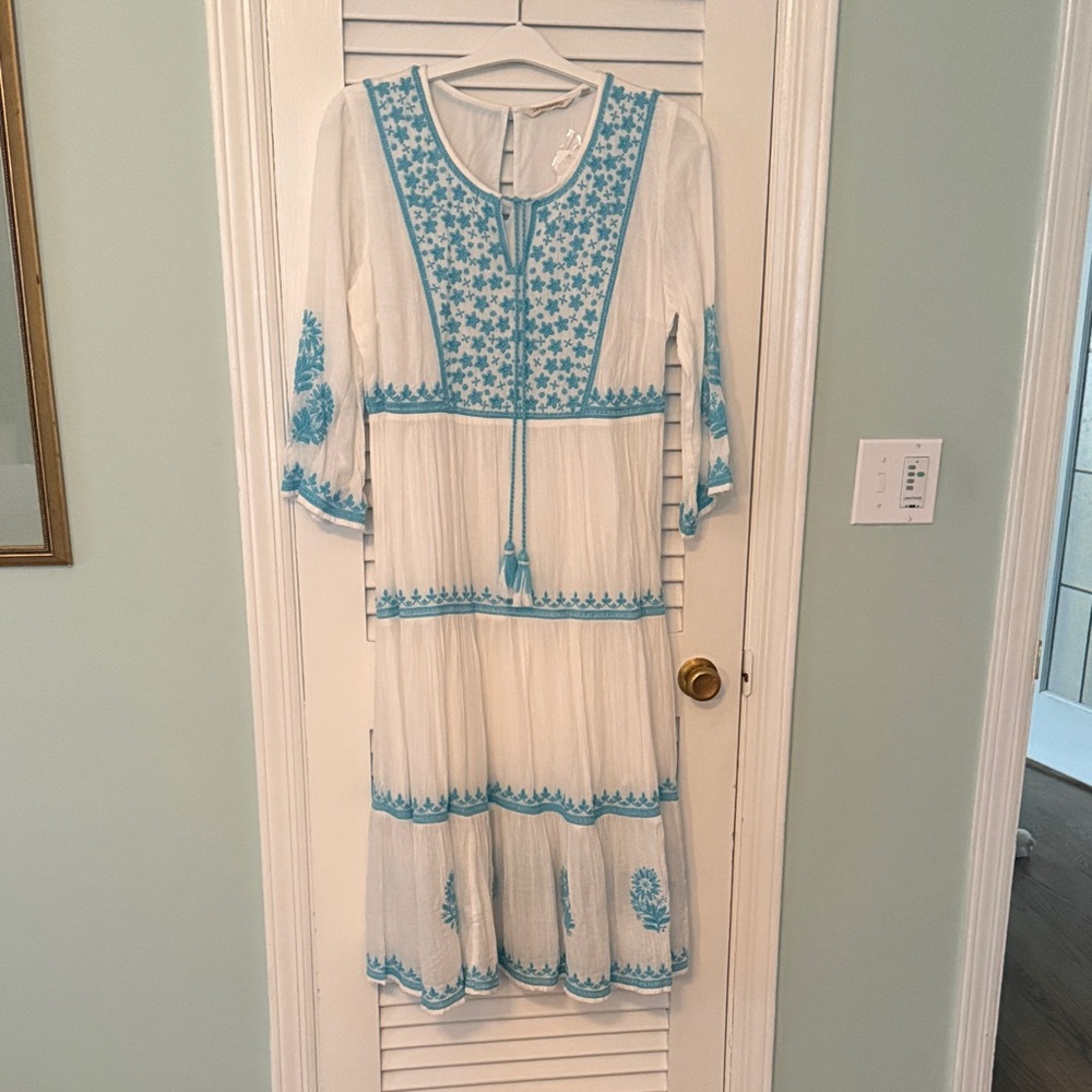 Soft Surroundings White Maxi Dress with Turquoise Embroidery